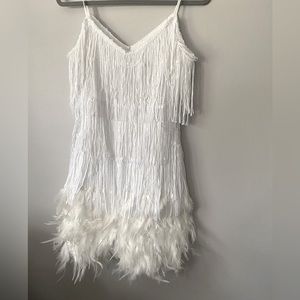White sequin fringe & feather competition dress. NEW